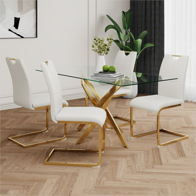 Ensemble de 4 chaises d'appoint avec sièges en similicuir et pieds en métal doré, blanc, L 17,91 po x l 16,54 po x H 38,3 po