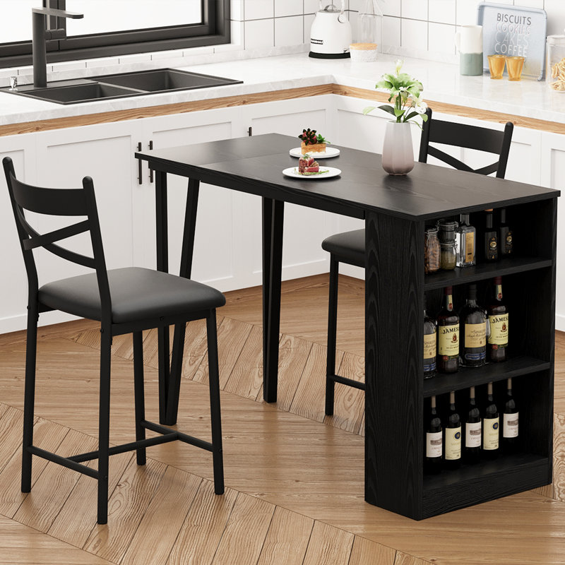Ensemble de table de salle à manger 3 pièces, ensemble de table de cuisine à hauteur de comptoir pour 2 avec 3 tablettes de rangement, table de bar extensible avec 2 chaises rembourrées pour petits espaces, appartement, noir