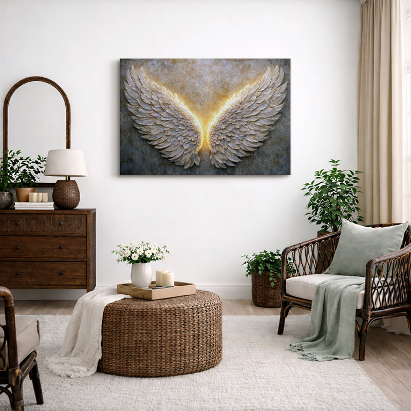 «Golden Angel Wings», impression élégante de plumes de lumière, photos de salon, impression sur toile encadrée, Toile tendue