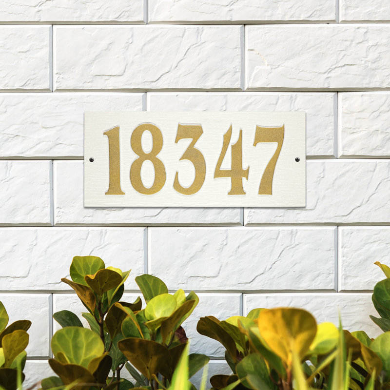 Woodgrain Mid-Century Rectangle Plaque, Standard Wall 1-line, Blanc / doré, Yes