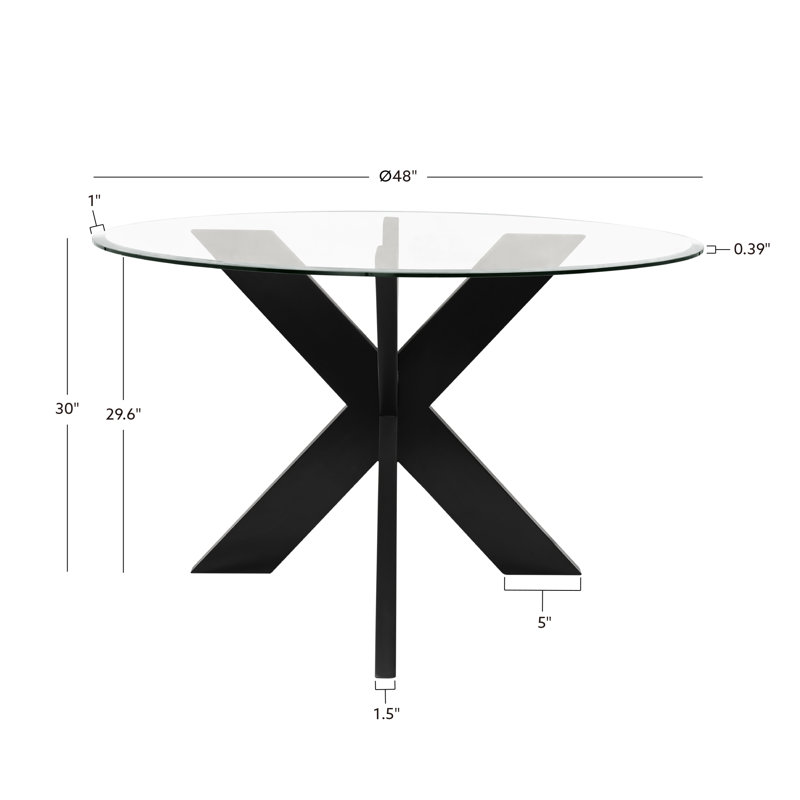 Astrid 48" Round Glass Top Dining Table With Solid Wood Base, Black