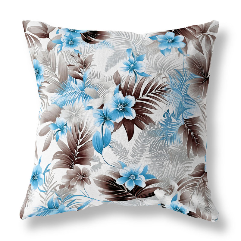 Oreiller réversible intérieur / extérieur Enchanted Tropics, H 20 po x l 20 po, Bleu / brun / floral argenté