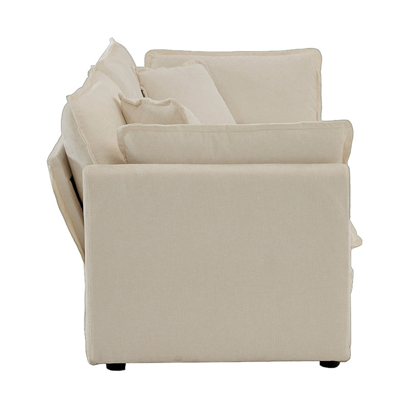 2 canapé en chenille beige: sièges de salon en tissu d'ameublement et en chenille. Structure en bois massif pour plus de stabilité. Rembourrage haute éponge. Revêtement respirant. Dispositions personnalisables. Assemblage facile