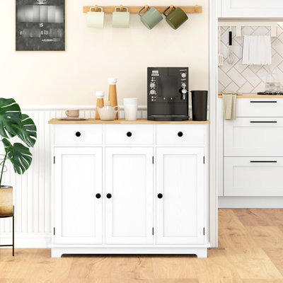Buffet - comptoir en bois massif, 3 tiroirs, portes, tablette ajustable avec rangement blanc moderne pour coffre à couvertures