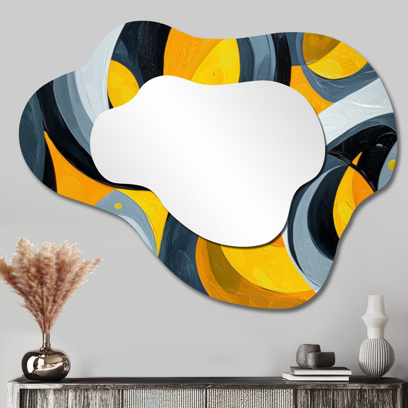 Yellow And Grey Urban Jazz Note I - Abstract Still Lifes Asymmetrical Wall Mirror, Modern Vanity Mirror, Printed on Metal