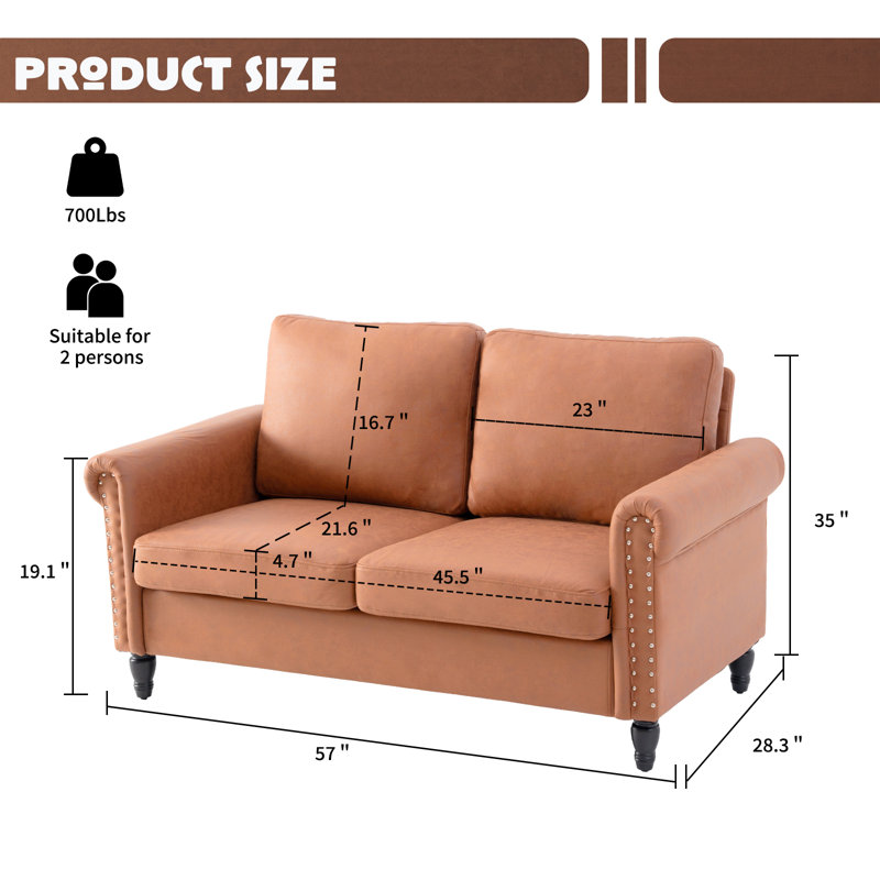 Causeuse à accoudoirs roulés 57 po, Similicuir brun, H 32,3 po x l 57 po x P 29,5 po