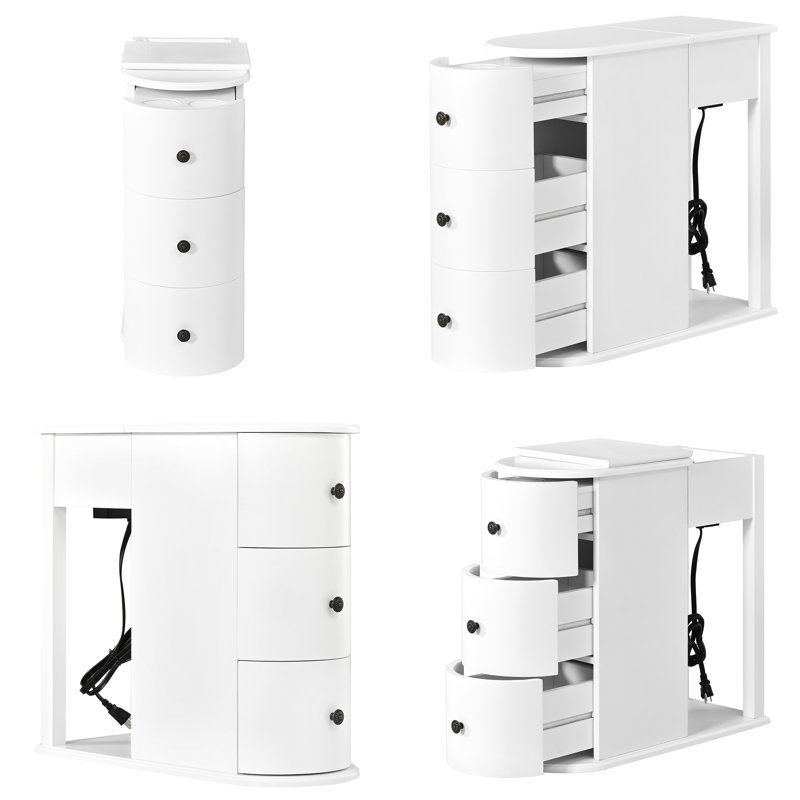Table de chevet étroite 12 po avec porte-gobelets dissimulés et prises de courant, table de chevet en bois compacte avec table d'appoint coulissante et 2 tiroirs pour la chambre à coucher