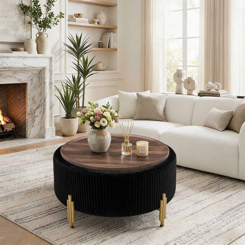 30" W Upholstered Round Storage Ottoman Coffee Table with Metal Legs, Black
