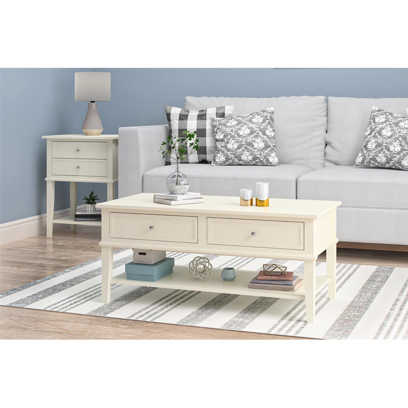 Clarice Four Leg Coffee Table with Storage, Off-White