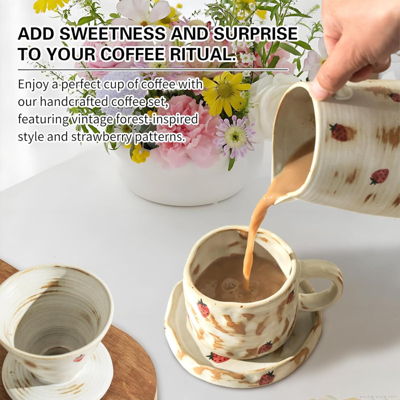 Handcrafted Pour Over Coffee Maker Set with Coffee Cup with Strawberry Pattern 20 Count Paper Filter