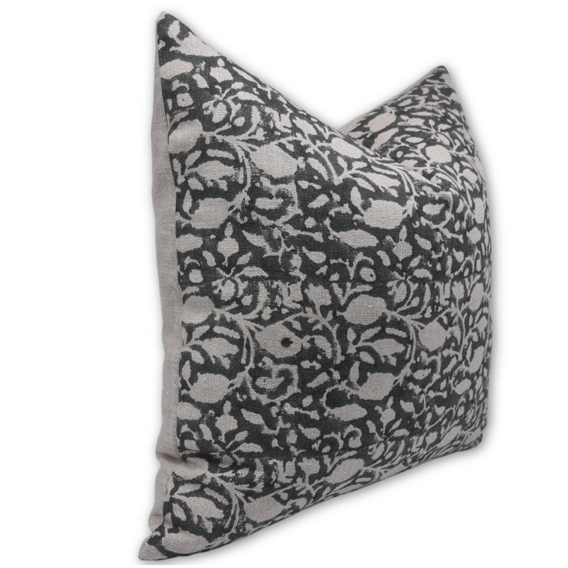 Block Print Throw Pillow Cover, 29 Thick Linen Decorative Cushion Cover, 24" x 24", Light Gray Floral 5, Square