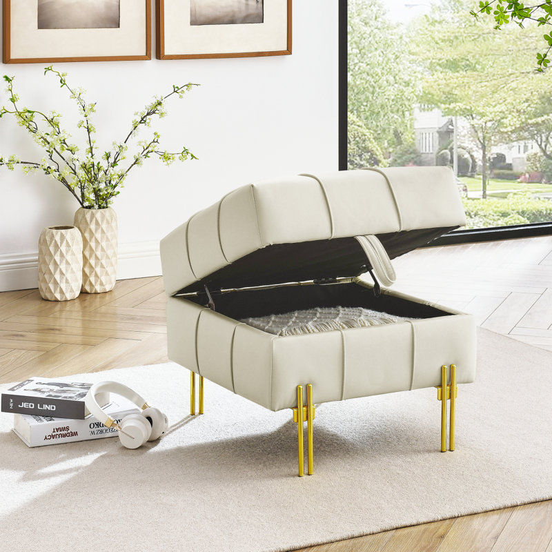 22 Inches Anti-Scratch Leather Storage Ottoman, Pet Friendly Entryway Bench Withen Stainless Steel Legs, White