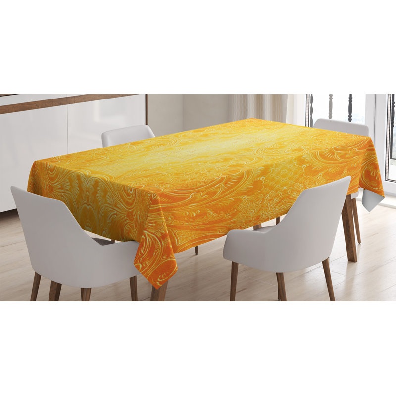 Ambesonne Yellow Tablecloth, Victorian Style Antique Pattern With Ornamental Flourish Vintage Design Illustration, Rectangular Table Cover For Dining Room Kitchen Decor, 52" X 70", Marigold
