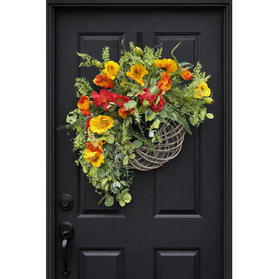 24" Artificial Farmhouse Half Ring Spring Summer Greenery Foliage Leaves Poppy Floral Wreath For Front Door