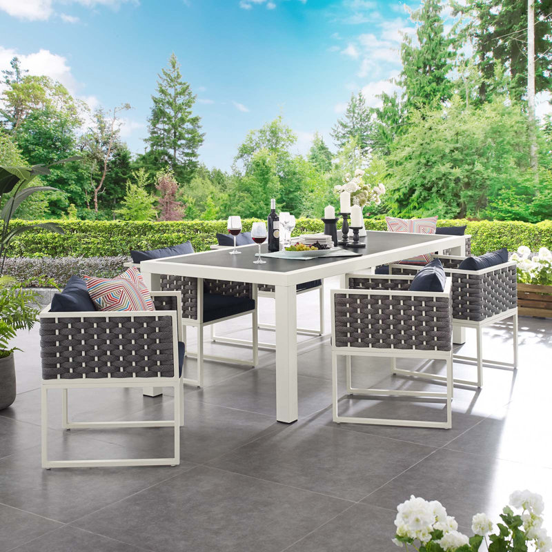 Modway Stance Outdoor Patio Woven Rope 7-Piece Dining Furniture Set, Navy