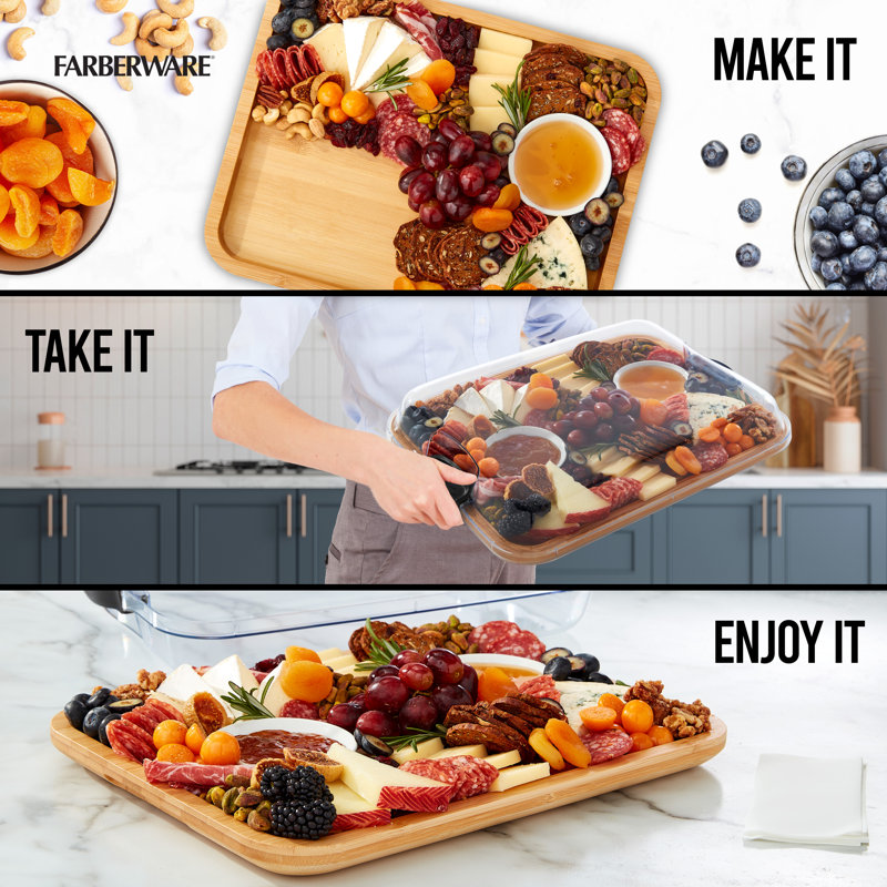 Farberware Build-a-Board Bamboo Grazing Board, Portable Snack Box with Rectangle Chopping Board, Clear BPA-Free Lid and Black Locking Handles, 28 x 35.5cm