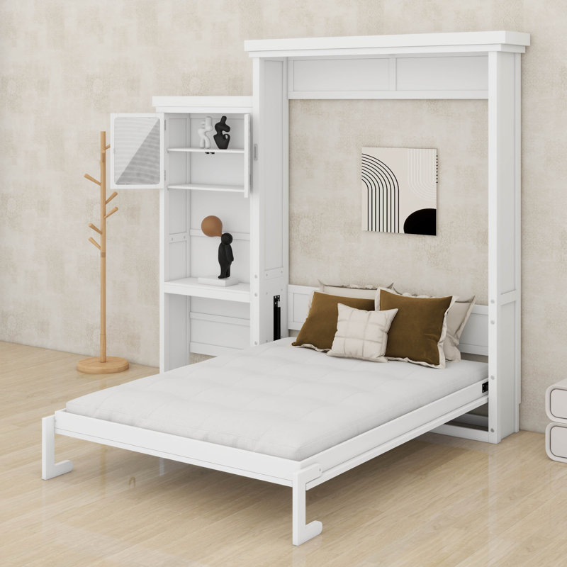 Grand lit escamotable mural avec plusieurs tablettes de rangement convertibles, cadre de lit plateforme pliable en bois avec décoration à persiennes