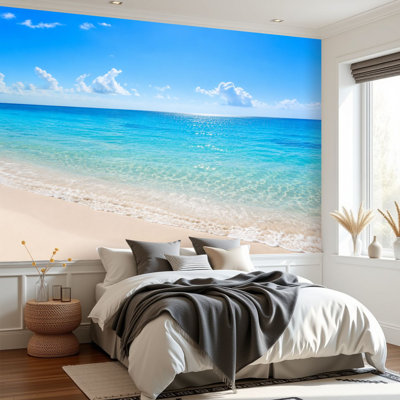 Papier peint adhésif peler et coller scène de plage montrant le ciel de la mer de sable, papier adhésif de contact amovible pour décoration de salon, chambre à coucher H 69 po x l 96 po