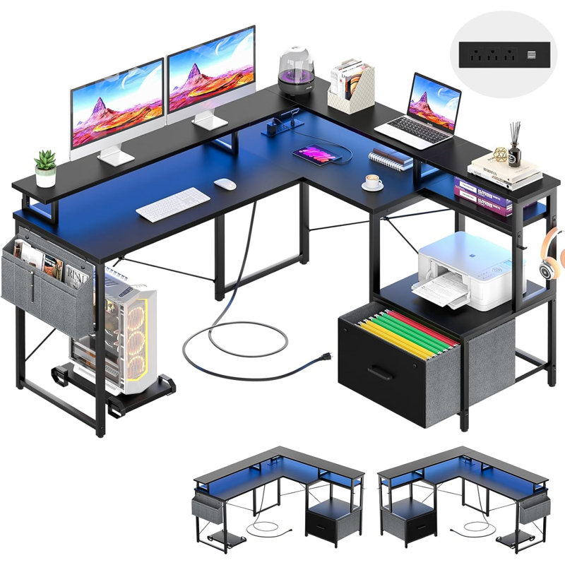 Vanscoy Reversible L-Shaped Computer Desk with File Drawer and Storage, Black