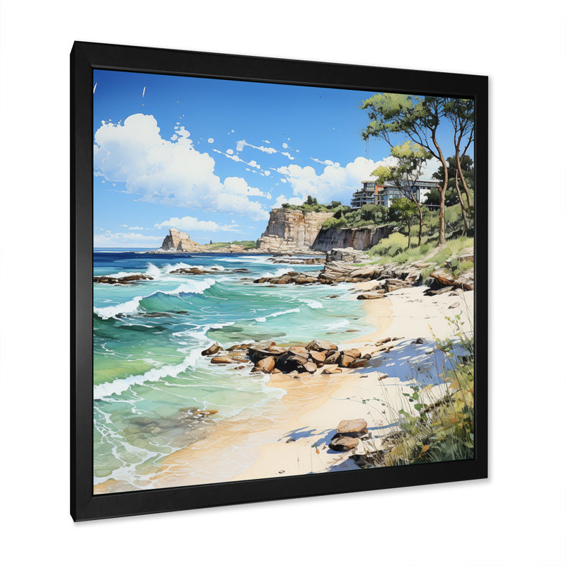 Plage contrastante pointillisme I, Cadre simple noir, H 24 po x l 24 po x P 1 po