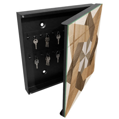 Wall mounted key box, Opens to the left, 30x30x5, White, Geometric wood structure in warm tones, 