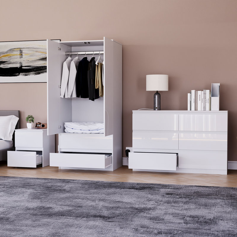 3 Piece Bedroom Set (2 Drawer Bedside Chest, 6 Drawer Chest, 2 Door 2 Drawer Wardrobe), (100% FSC), White