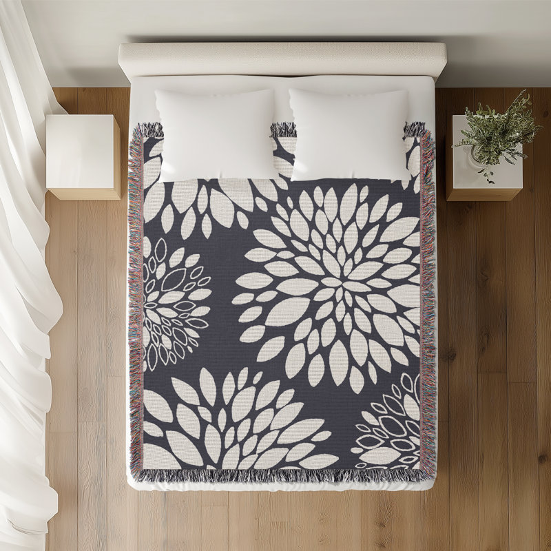 Jeté floral en coton, Gris, 50 x 60