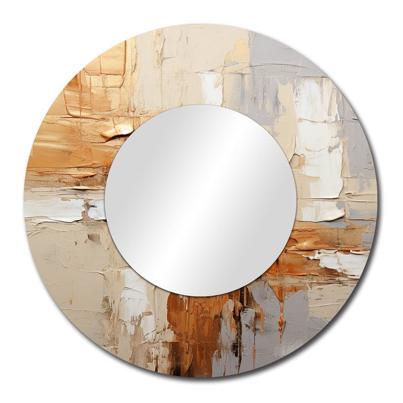 Quisto Beige Grey Geometric Collage II - Abstract Collages Decorative Wall Mirror, Modern Large Round Mirror, Printed Metal Art