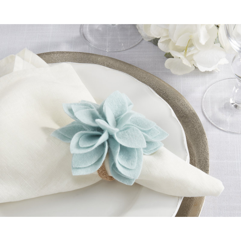 Aqua Felt Blossom and Jute Napkin Rings, Set of 4