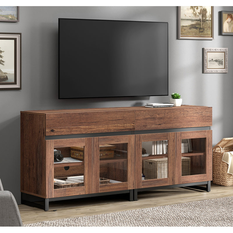 Modern TV Stand With Glass Doors For 70 Inch Tvs, 2 In 1 Entertainment Center Console With 2 Drawers And Metal Base For Living Room, Bedroom