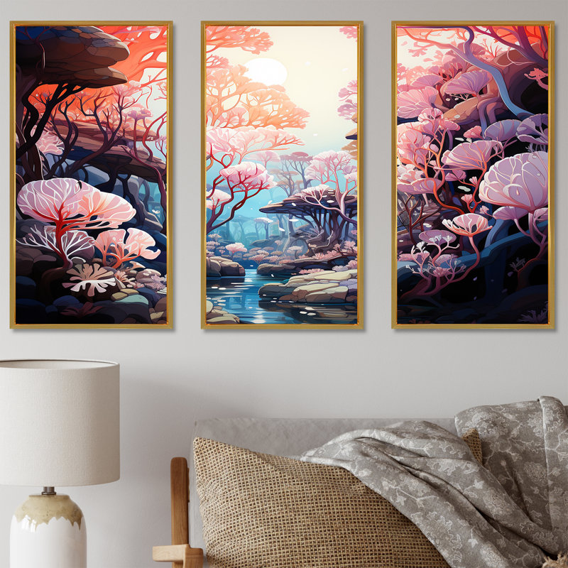 «Beautiful Scenery Under The Sea - Coastal Coral Under Water», ensemble d'art sur toile, Cadre flottant doré