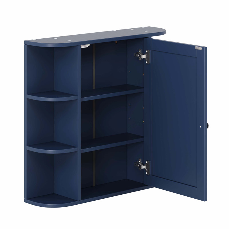 Bathroom Wall Storage Cabinet With Mirror, Medicine Cabinet With Adjustable Wood Shelf, Doors & 6 Open Shelves, Blue