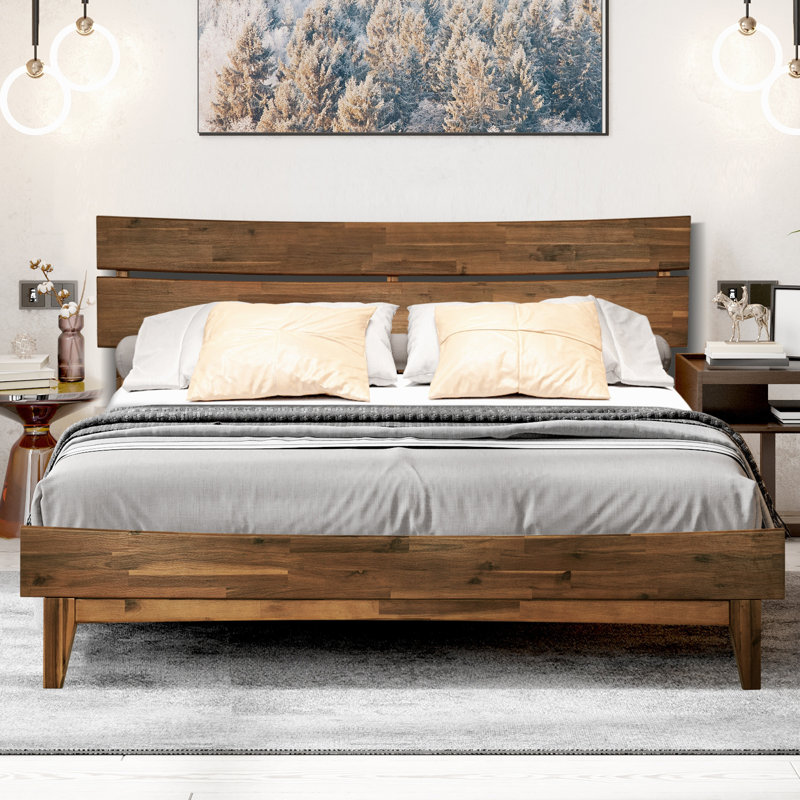 Walnut Queen Solid Wood Platform Bed with Headboard