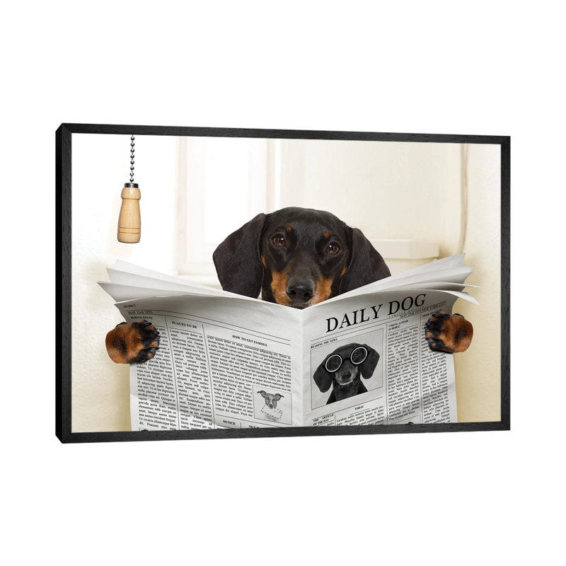 Dog On Toilet Seat Reading Newspaper III - Print on Canvas, 152.5 cm H x 101.5 cm W, Black Framed