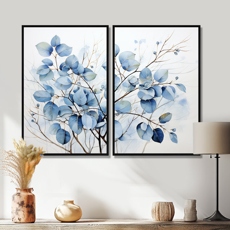 "Sureau", art traditionnel bleu sur toile, Impression encadrée flottante, Noir, H 36 po x l 48 po