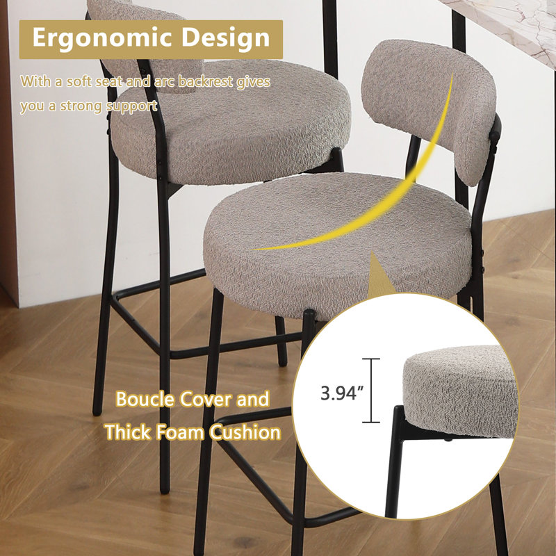 Yosniel Modern Counter Height Bar Stools Set of 6, 28 Inch Upholstered Barstools with Curved Open Back & Round Seat, Plush Bouclé Fabric Bar Chairs for Kitchen Island, Dining Counter & Home Bar, Comfortable & Stylish