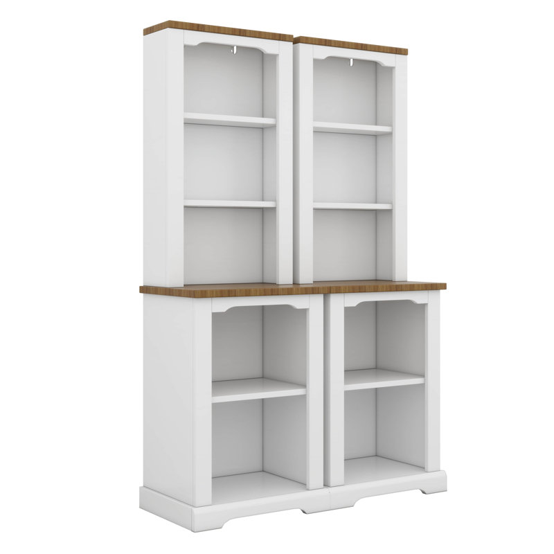 Two-Piece Freestanding Tall Cabinet With Fully Open Storage, Walnut Element Bookshelves With Curved Design, White