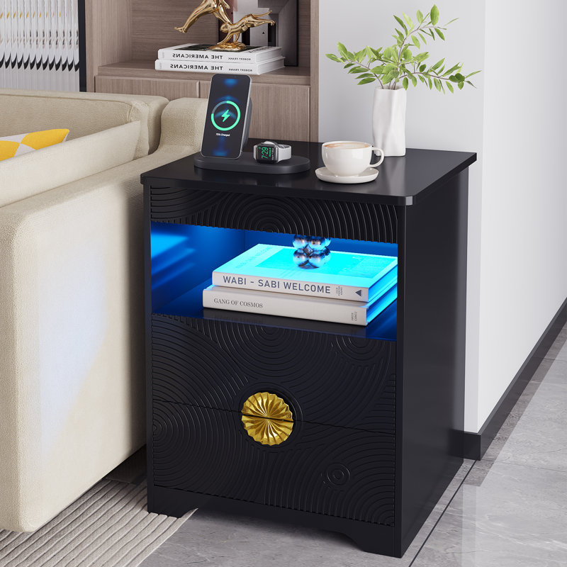 17.7" W 2 - Drawer Nightstand with LED light and Charging Station, Black