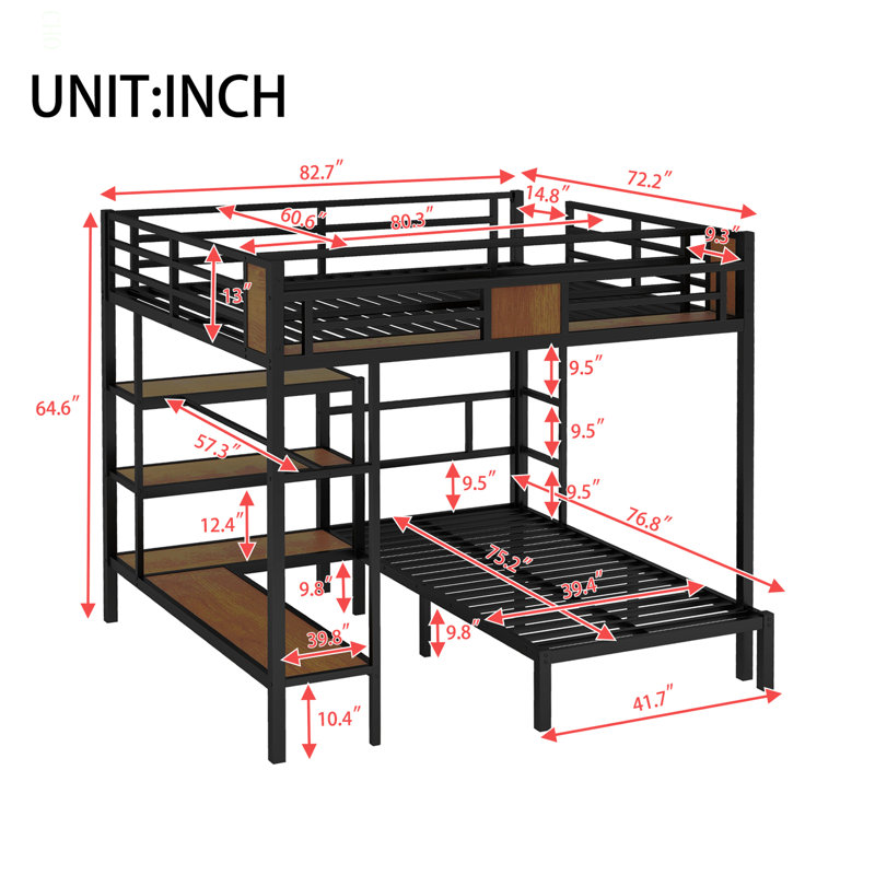 Grand lit superposé simple avec espace de rangement sur le lit supérieur, lit inférieur avec cintres et tablettes, peu encombrant / réduit le bruit