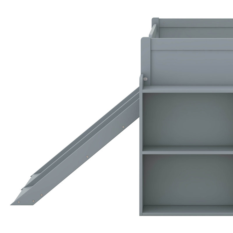 Twin Bed Frame With Storage Shelf, Wooden Bed Frame With Slide And Ladder, Gray