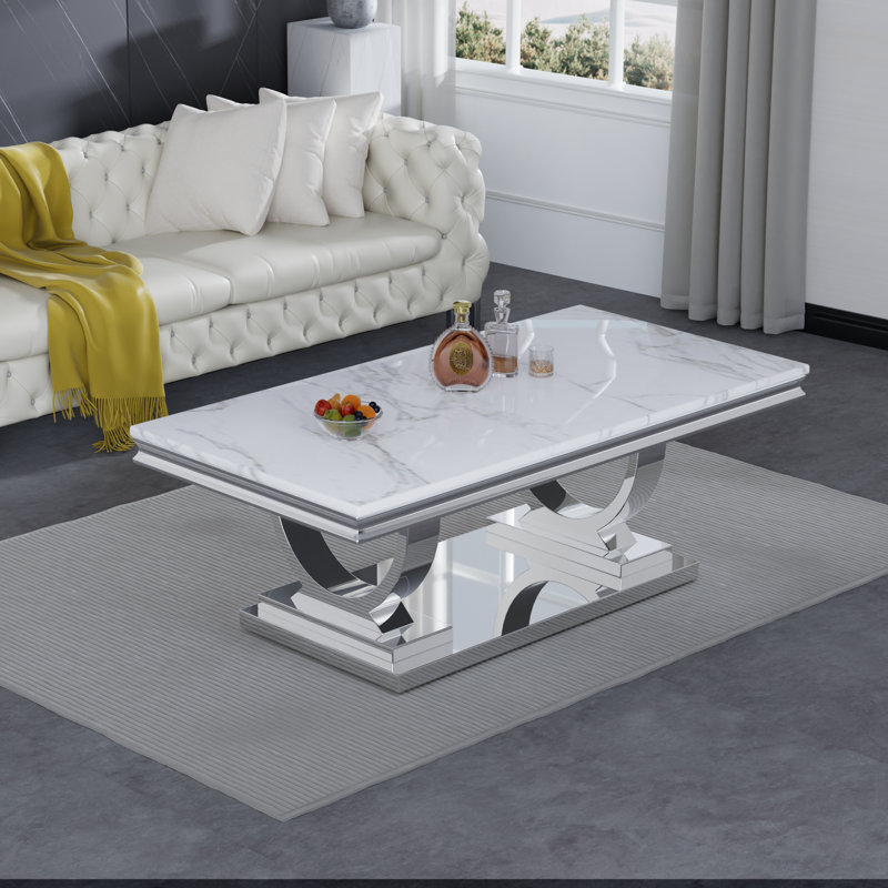46.85" Coffee Table with White Marble Top, Modern Rectangular Faux Marble Coffee Table with Stainless Steel Pedestal, Luxury Gold Cocktail Centre Table for Living Room Office