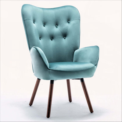 Mid-Century Modern Wingback Accent Chair, Button-Tufted Polyester Fabric Armchair with Solid Wood Splayed Legs for Living Room Bedroom Home Office