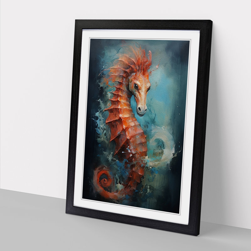 Seahorse Action Painting - Single Picture Frame Print on Wood, Black Framed, 64cm H x 46cm W