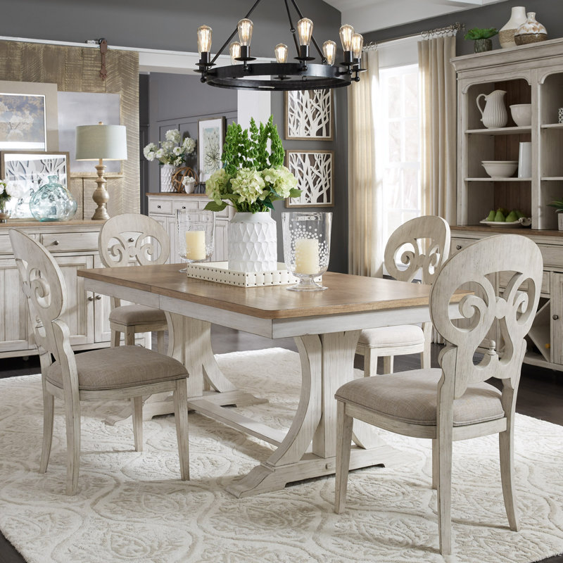 Ensemble de table de salle à manger à tréteaux Harlowe pour 4 personnes avec rallonge de 18 po, 5 pièces: table, 4 chaises