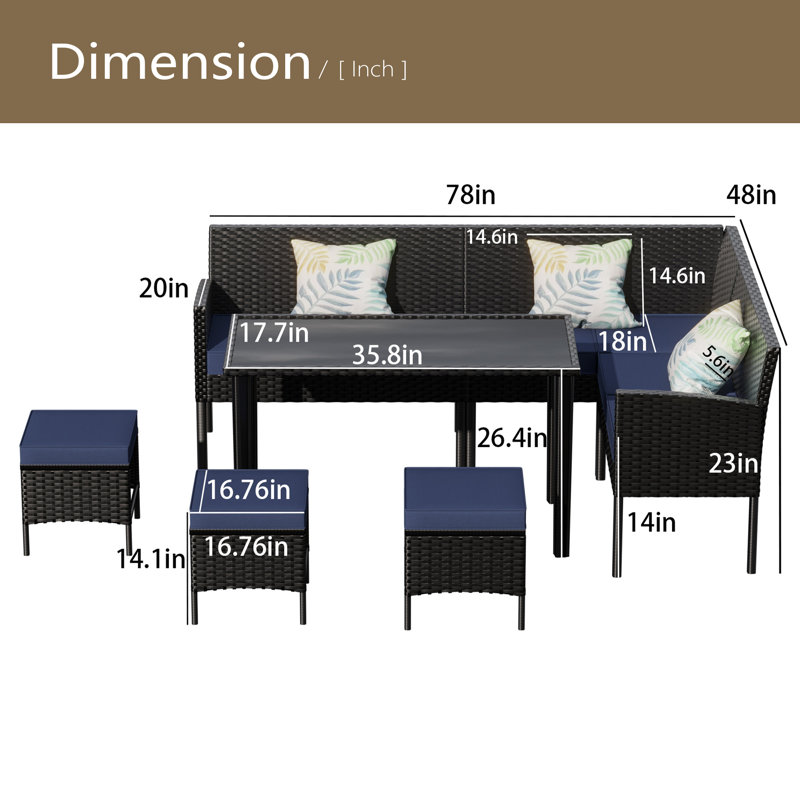 Ensemble de mobilier d'extérieur pour petit espace 7 pièces, ensemble de mobilier de jardin, coussin de siège imperméable, table en verre, peu encombrant, convient à la cour