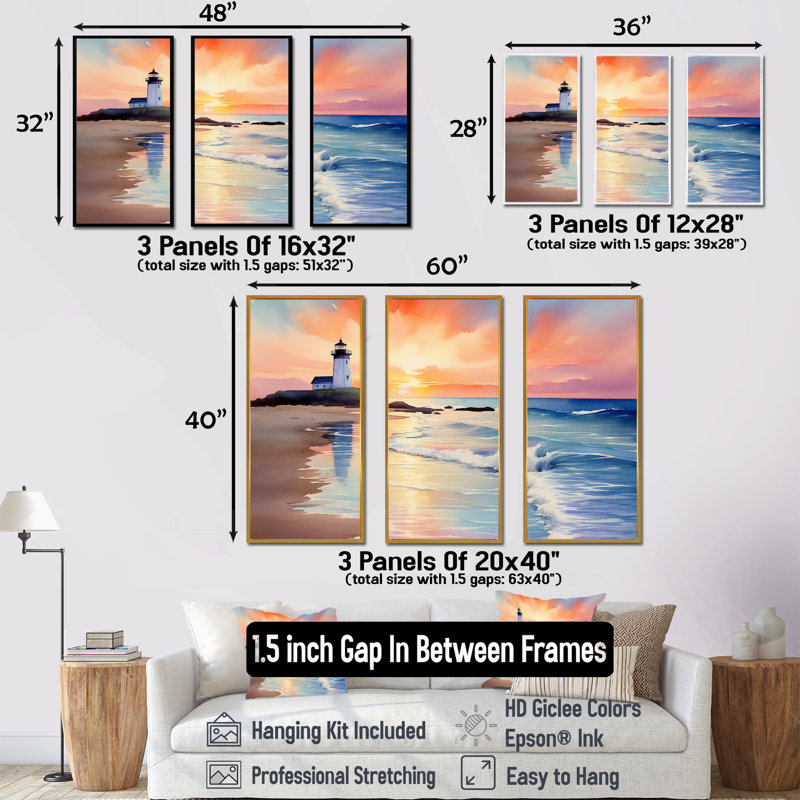Orange coucher de soleil sur la plage, phare de la sérénité II - art mural plage, Cadre flottant noir