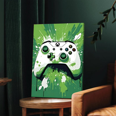 Affiche encadrée (1 pièce), impression sur toile représentant une manette Xbox, motif éclaboussures vertes vives, décoration de jeu pour chambre ou salon, art mural moderne sur le thème des jeux vidéo, idée cadeau pour les joueurs, impression de haute qualité.