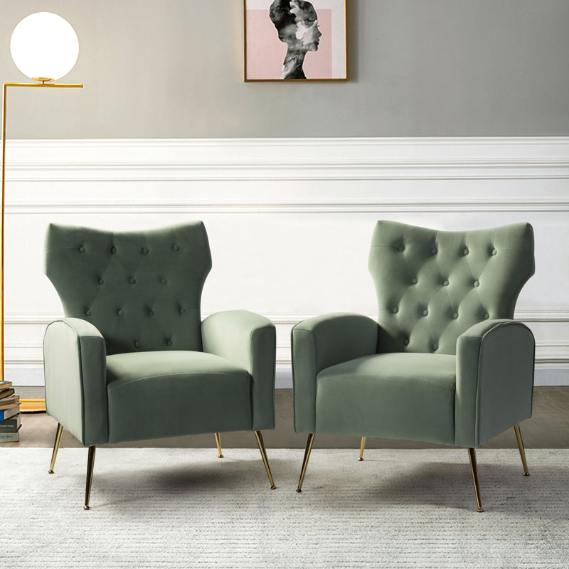 Fauteuil à oreilles en velours de polyester Tonas, Velours sauge