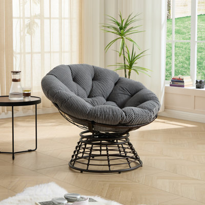 Fauteuil Papasan ergonomique et confortable avec pivot à 360 °, coussin épais et doux pour une utilisation intérieure et extérieure, idéal pour la détente et la lecture, structure brune avec coussin gris