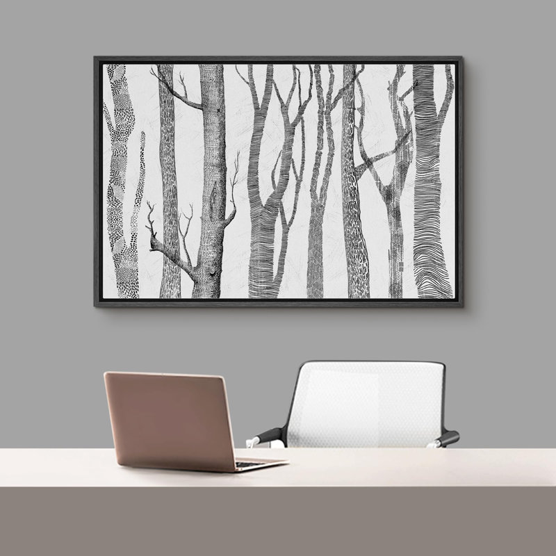 Lignes géométriques blanc cassé, troncs de bouleaux, décor de ferme, art moderne de style rustique, décor douillet encadré sur toile